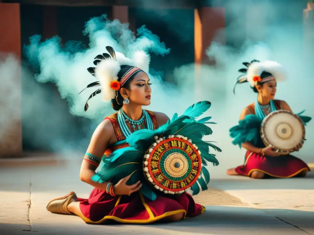 Manifestaciones culturales danza y música maya: Grupo de bailarines mayas en trajes vibrantes, fusionando tradición y modernidad