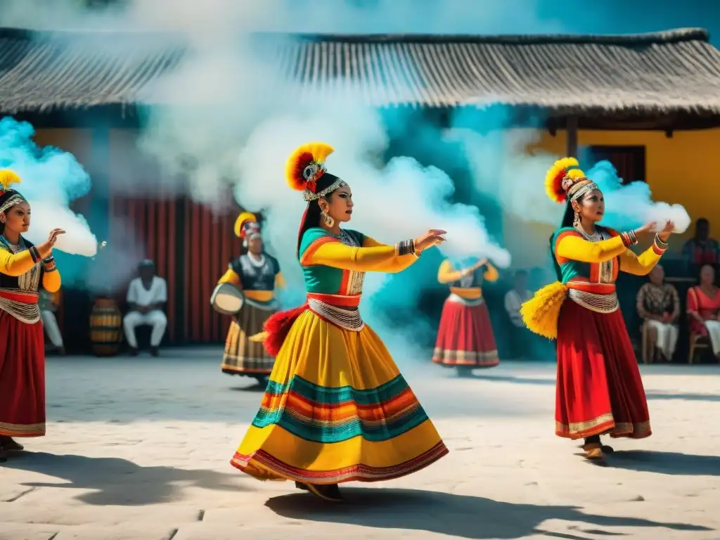 Manifestaciones culturales: danza y música maya en vibrante plaza de pueblo, bailarines y músicos tradicionales con coloridos trajes