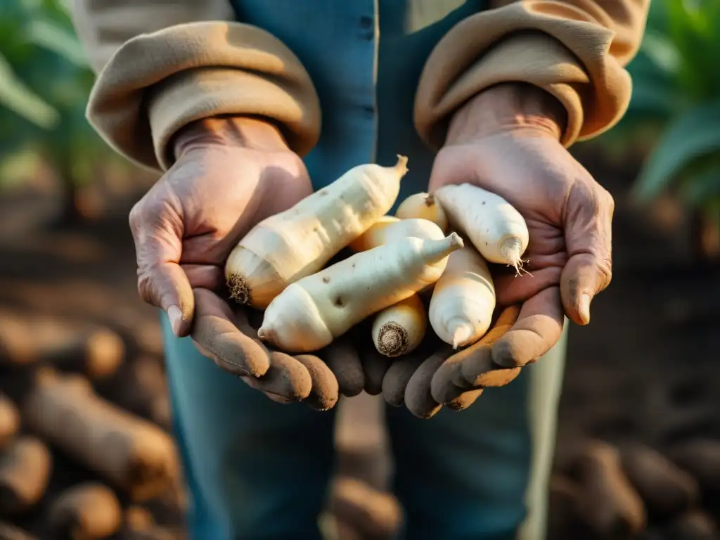 Manos del agricultor cuidadosas sostienen jícama recién cosechada