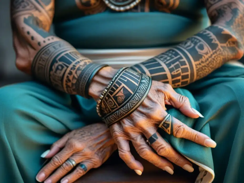 Manos arrugadas de anciano maya con tatuajes tradicionales, simbolizando preservación cultural y arte intrincado