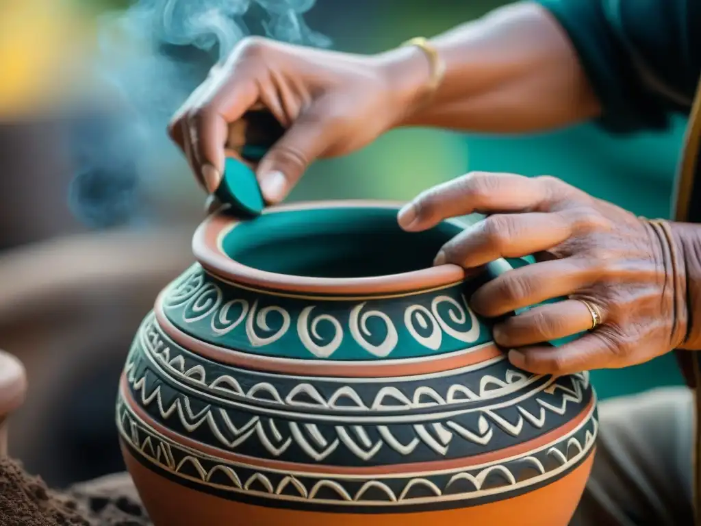 Manos de artesana maya moldeando con precisión una olla de barro, destacando las técnicas cerámica maya ancestral