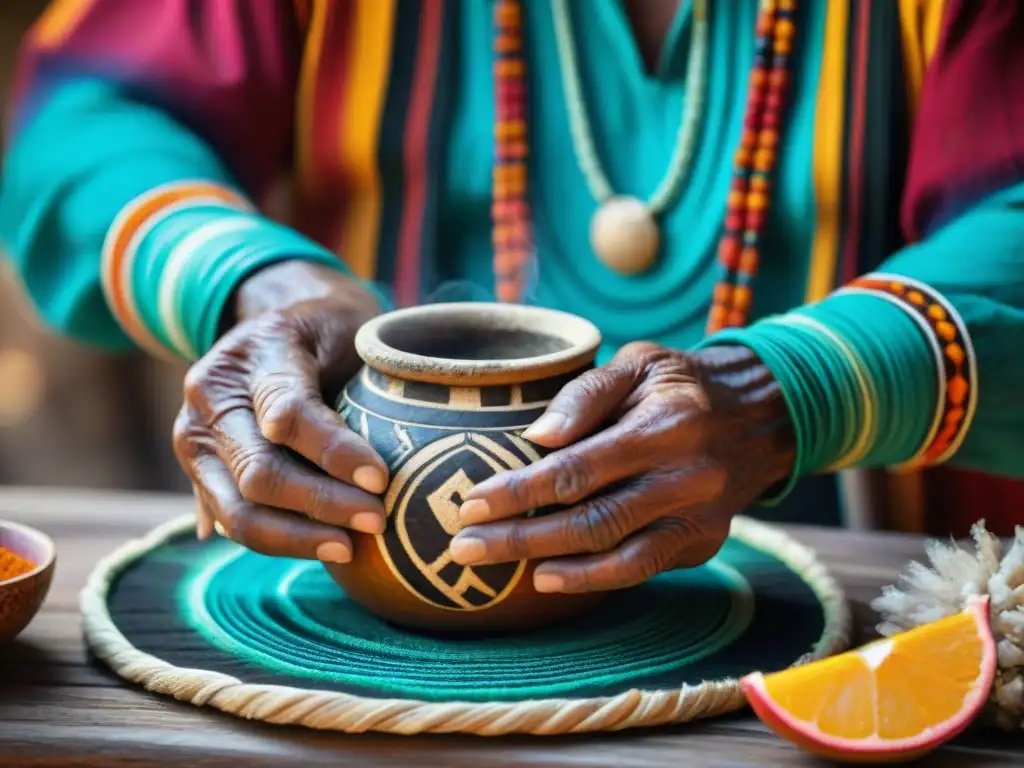 Las manos de un chamán Maya preparando una bebida ceremonial con herramientas antiguas, en un entorno místico de colores vibrantes y tonos terrosos