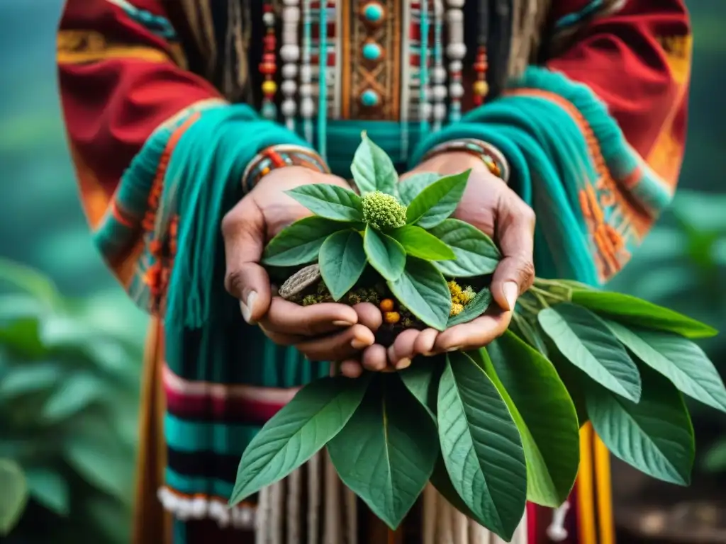 Las manos de un chamán maya sostienen hierbas curativas tradicionales