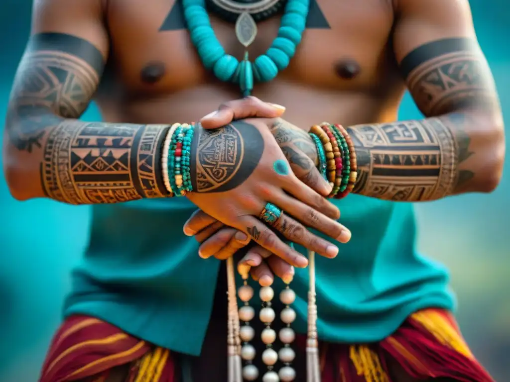 Las manos detalladas de un chamán maya con tatuajes tradicionales que representan protección espiritual y significado cultural profundo