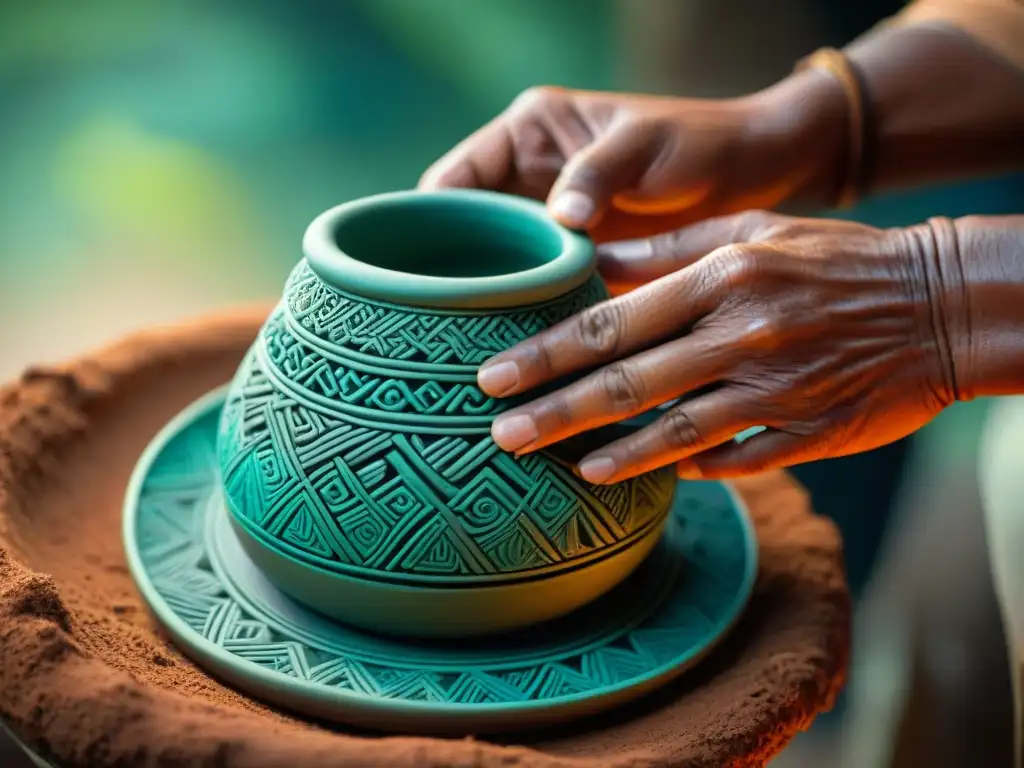 Las manos expertas de un artesano maya moldean con delicadeza un vaso de cerámica, fusionando tradición y futuro en el arte cerámica maya