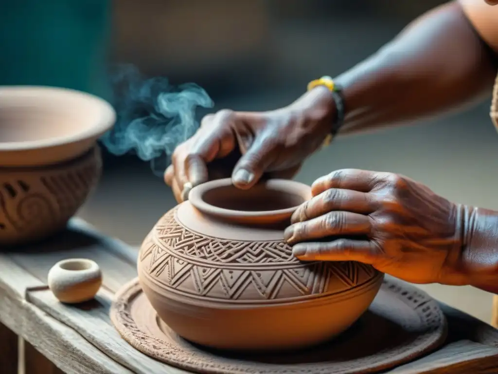 Manos expertas de artesano maya moldeando cerámica con técnicas tradicionales en taller rústico