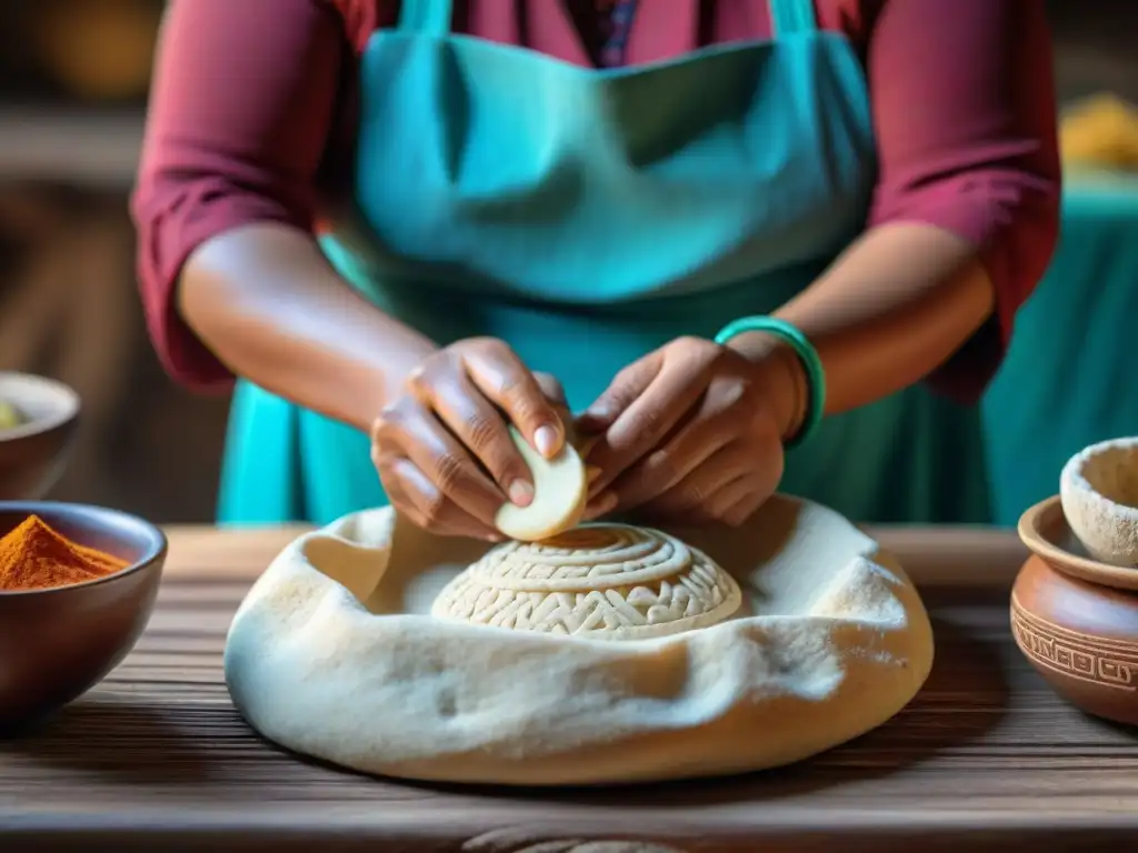 Manos expertas de mujer maya moldean misterioso pan maya tradición con destreza y amor en cocina rústica