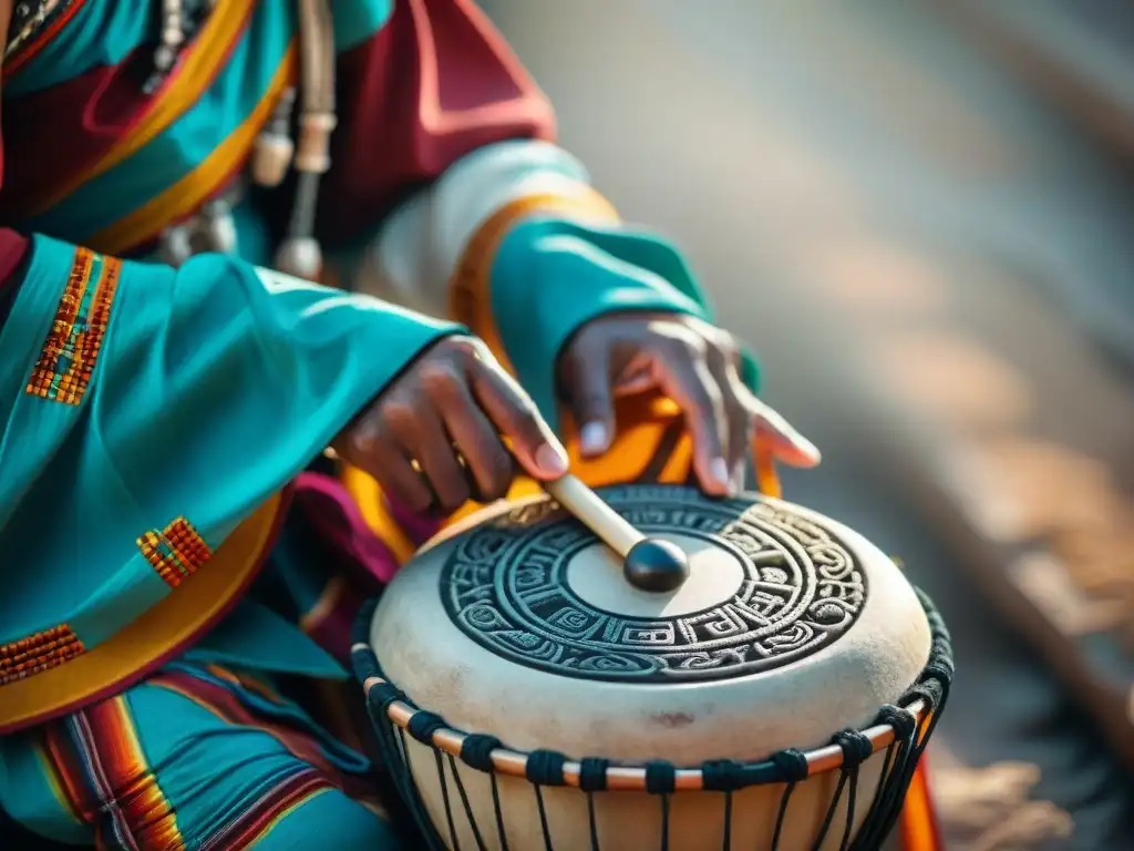 Las manos expertas de un músico maya tocando instrumentos de percusión, resaltando la importancia de la percusión en la cultura maya