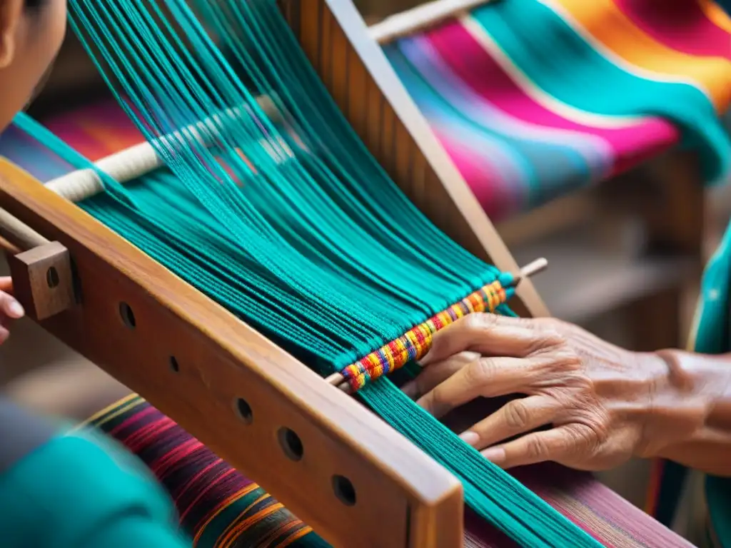 Manos expertas crean patrones textiles en un telar maya tradicional, mostrando la innovadora tecnología textil maya