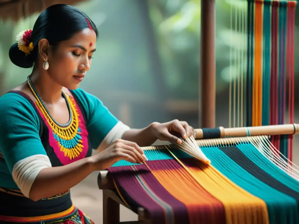 Manos expertas tejiendo patrones tradicionales en taller maya, conservación textiles mayas para turismo