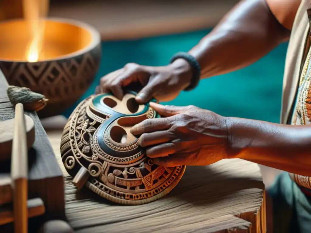 Las manos de un hábil artesano maya esculpen una máscara de madera tradicional, revitalizando la cultura maya Yucatán