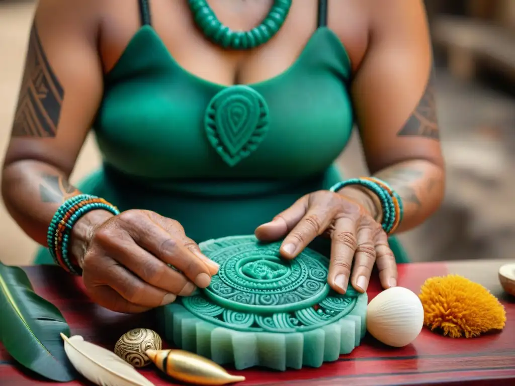 Las manos de un hábil artesano maya esculpen patrones en jade rodeadas de plumas, conchas y pigmentos naturales