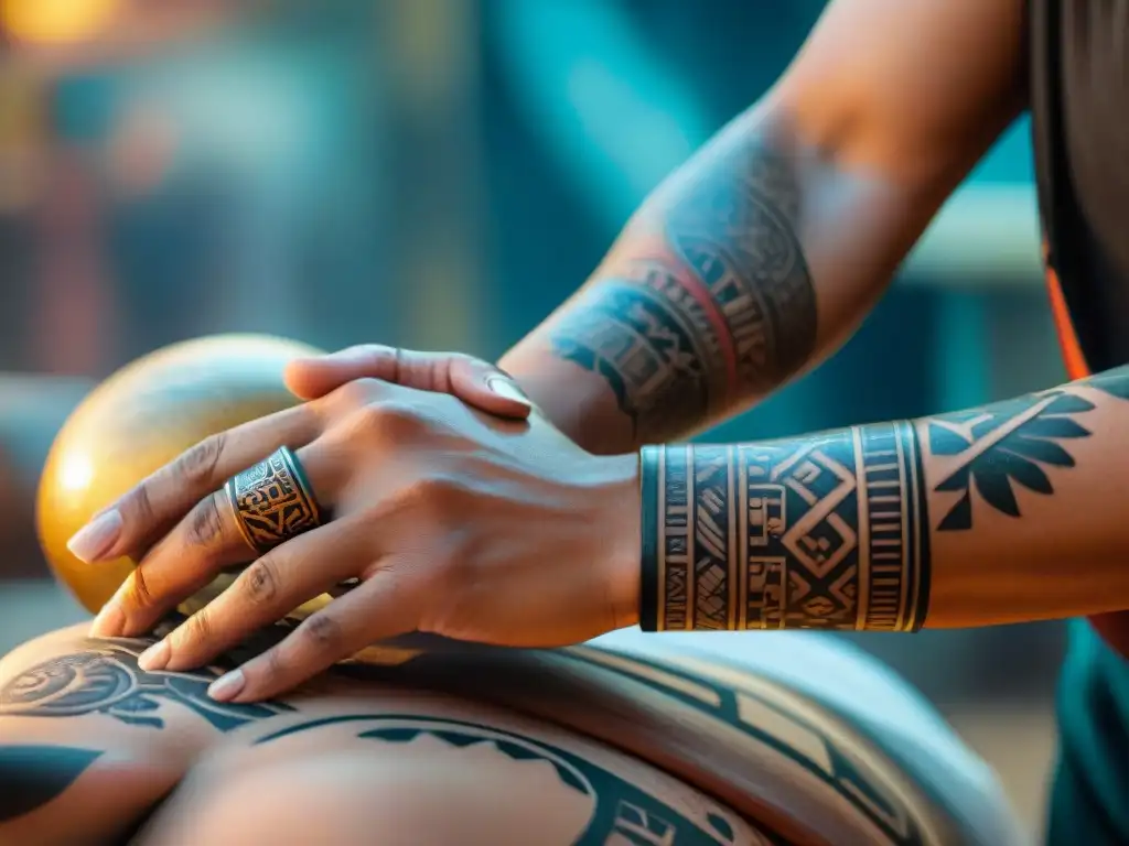 Las manos de un hábil tatuador maya adornadas con símbolos tradicionales, creando un tatuaje con precisión