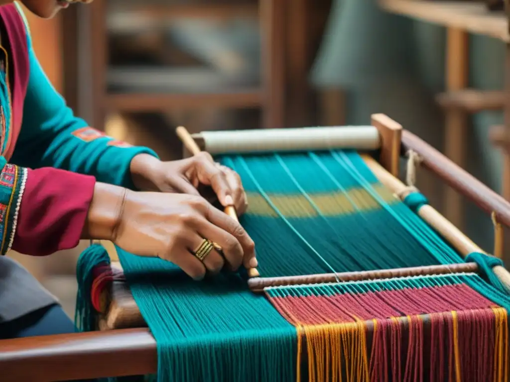 Manos hábiles de un artesano maya tejiendo en telar cintura, mostrando la rica tradición textil maya