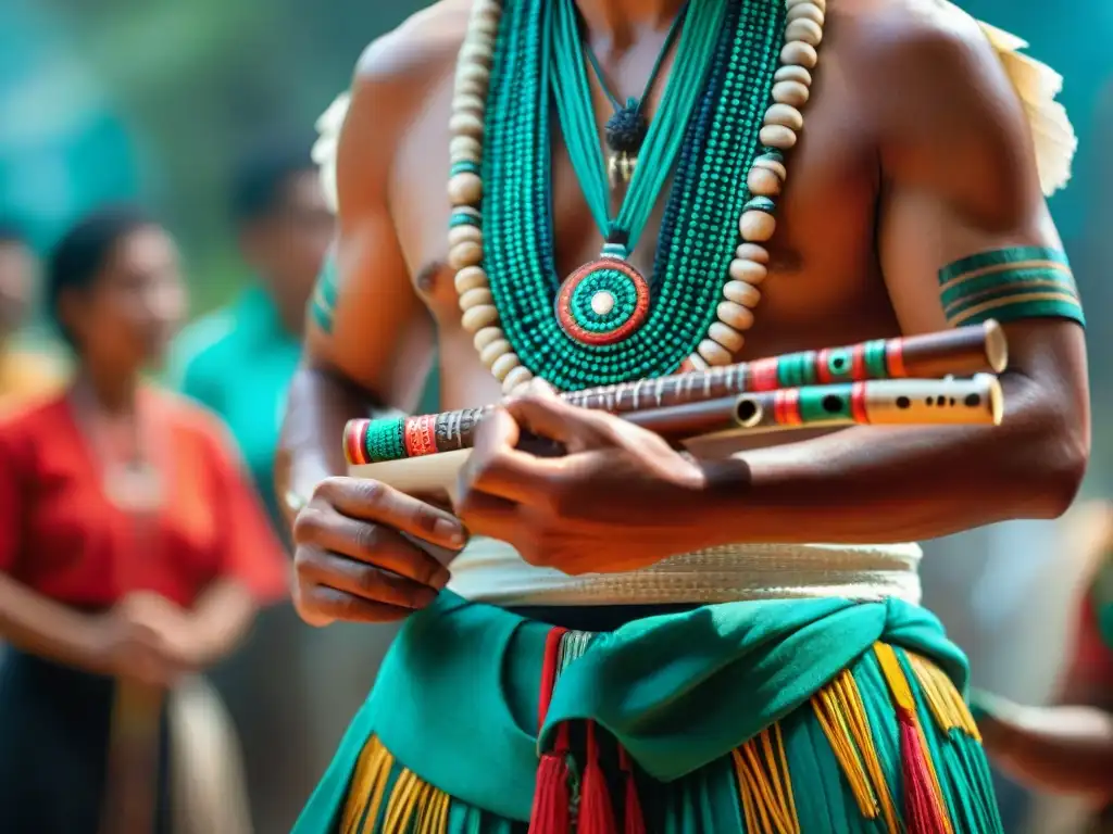 Manos hábiles de músico maya tocando flauta de madera, joyas tradicionales, danza ritual al fondo