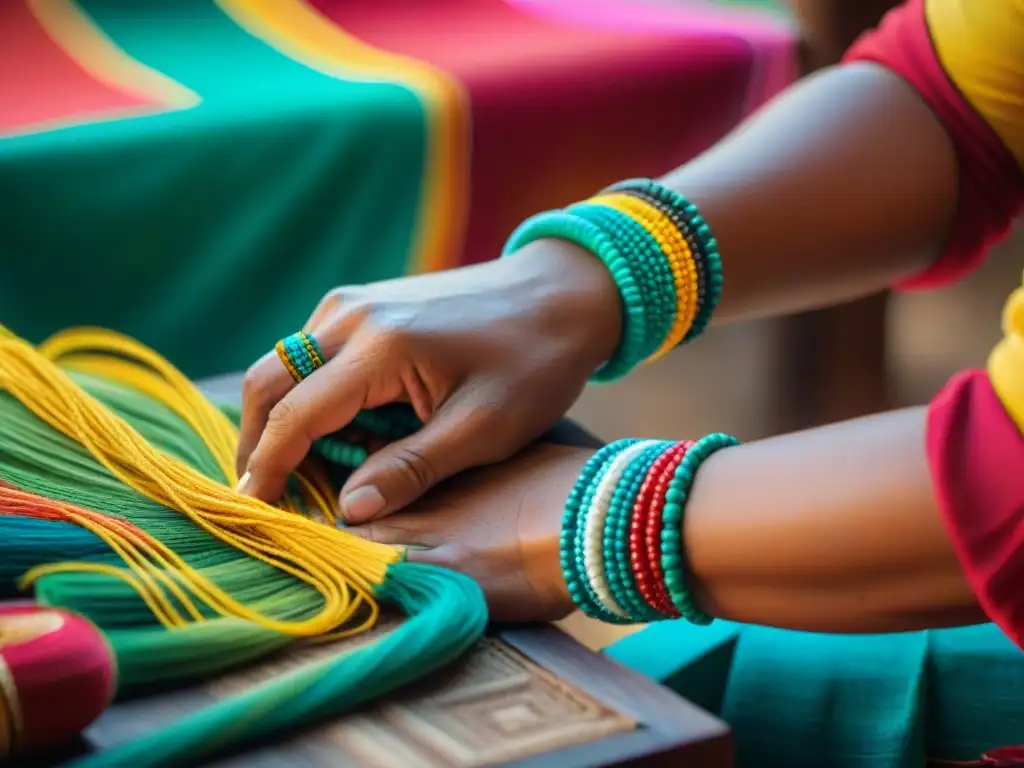 Manos hábiles tejiendo pulseras mayas con significado ancestral