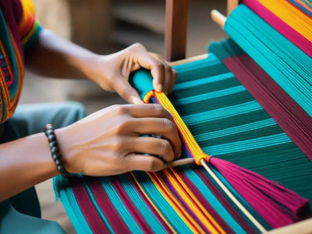 Manos hábiles tejiendo textiles mayas tradicionales educativas en un telar de cintura, con patrones y colores vibrantes