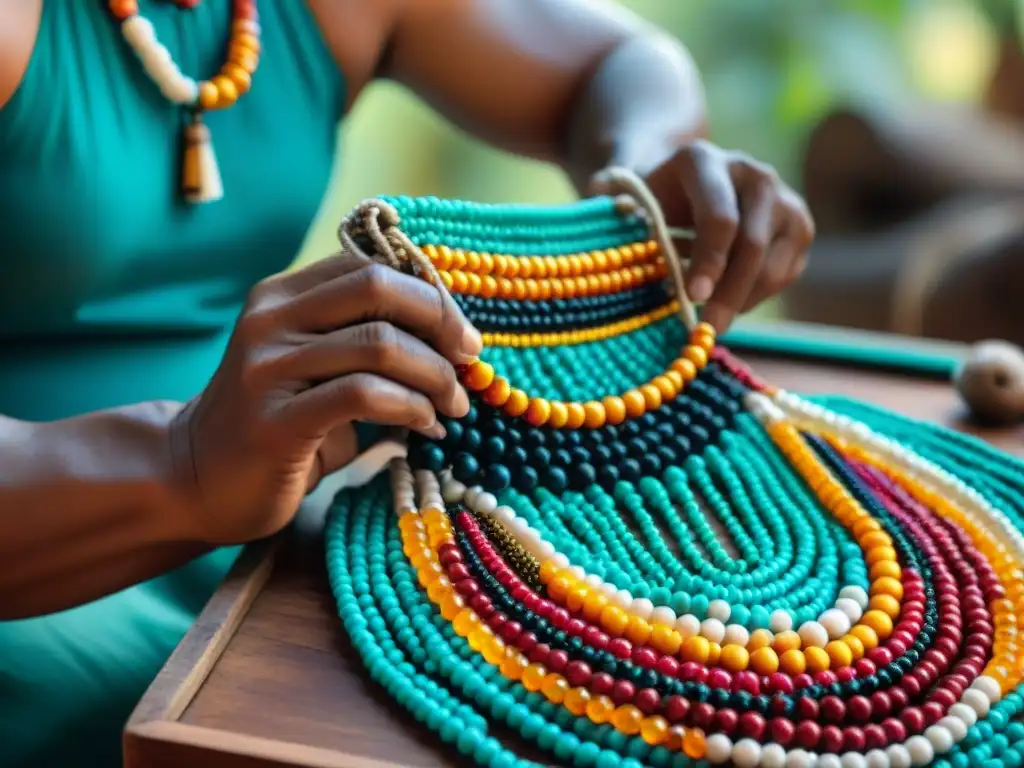 Manos habilidosas fabricando collar de cuentas mayas, resaltando el significado cultural y la artesanía involucrada