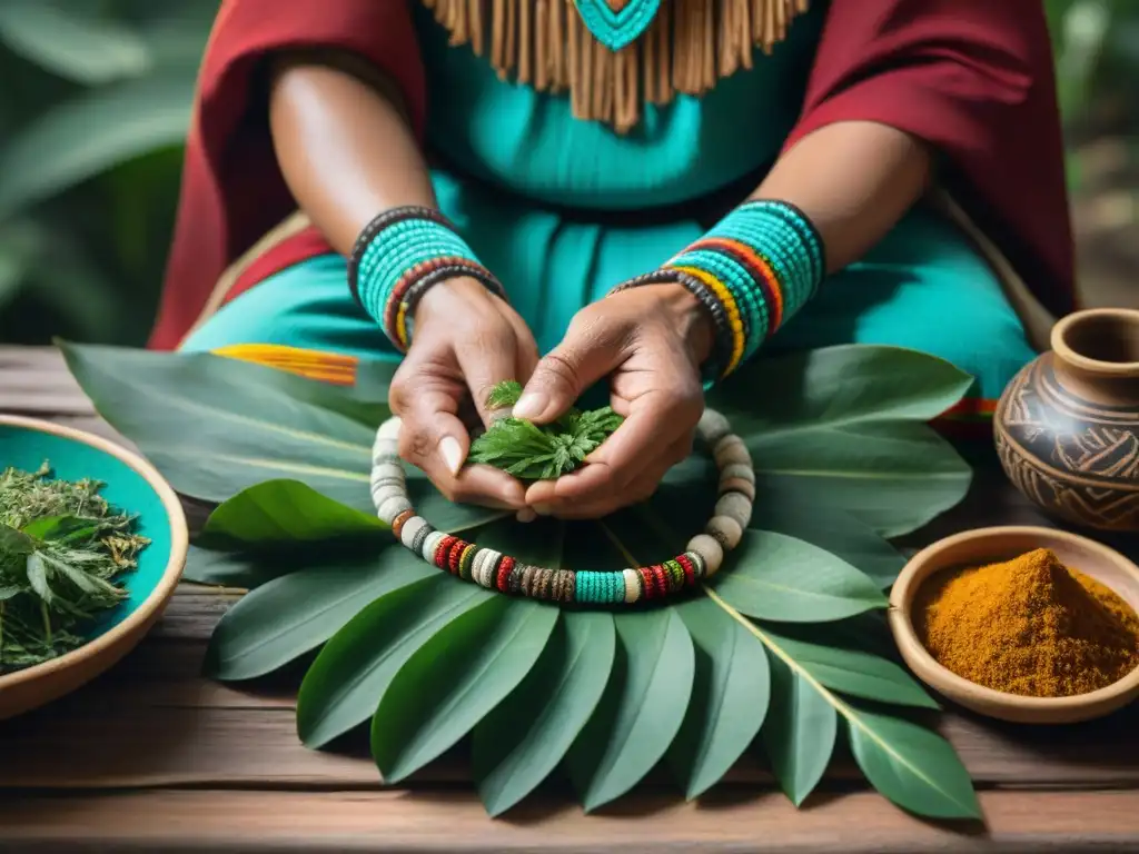 Manos de chamán maya preparando plantas medicinales en ritual de ofrendas