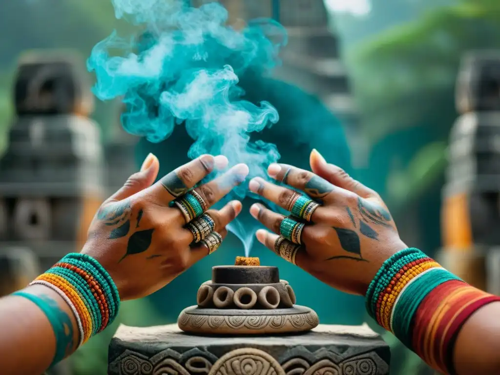 Manos del chamán maya con tatuajes, realizando ritual con incienso en ruinas del templo, conectando con programas interactivos educativos mayas