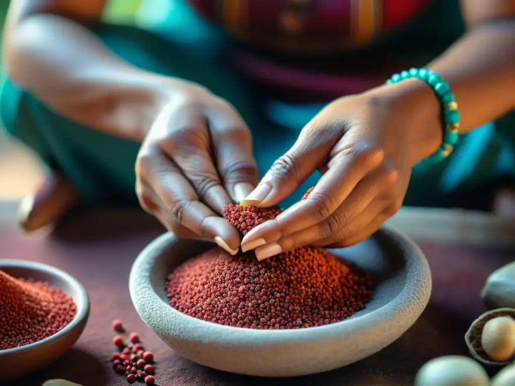 Manos mayas moliendo semillas de annatto en metate, secretos belleza piel rituales maya