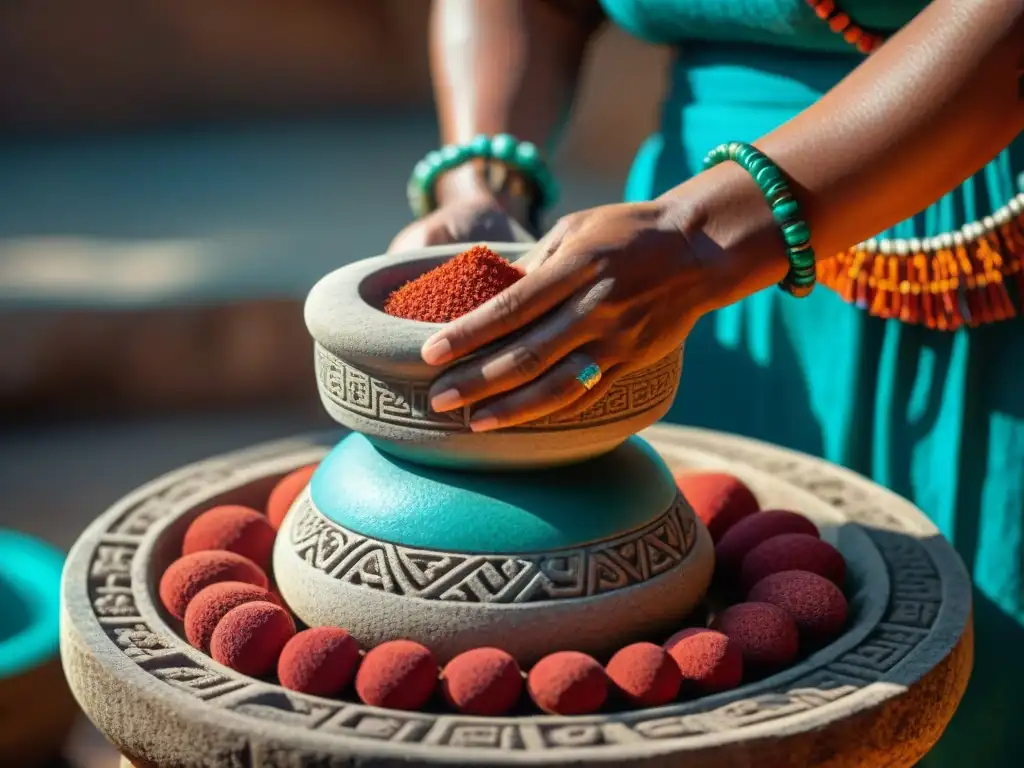 Manos mayas moliendo semillas rojas de achiote con molcajete, joyas de jade y turquesa, revelando secretos belleza piel rituales maya