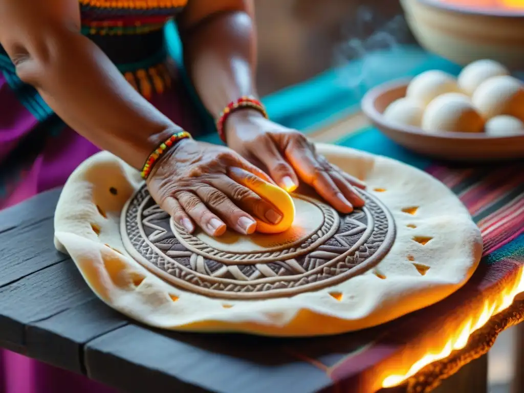 Manos mayas moldean tortillas sobre comal de barro, con huipil colorido