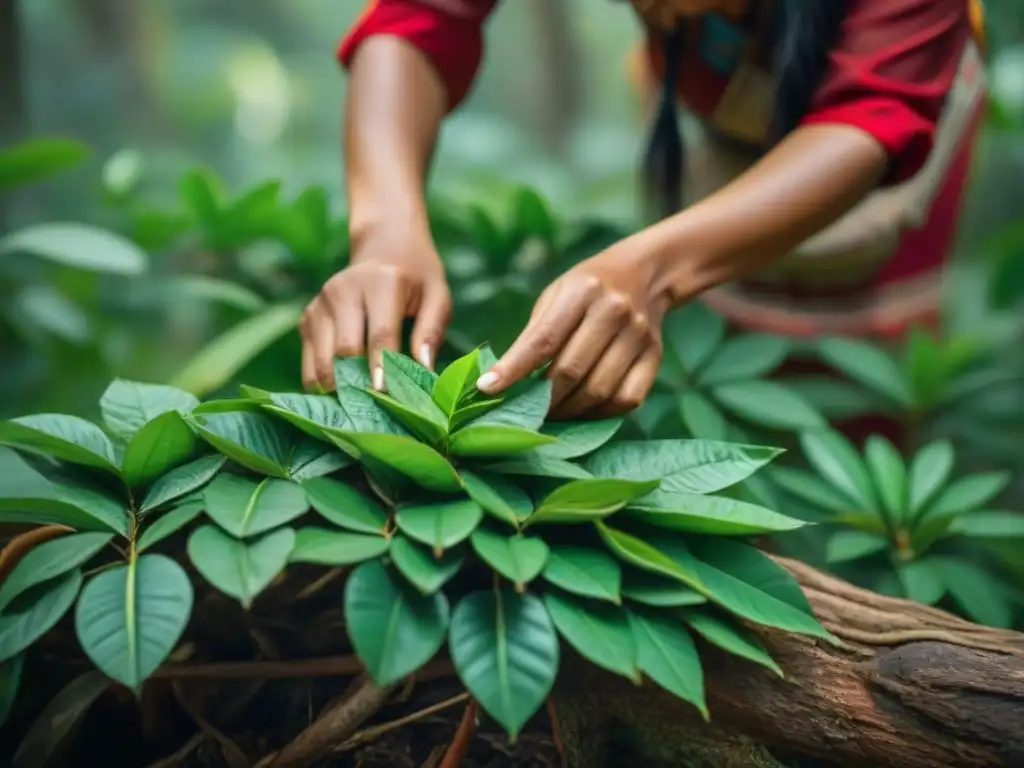 Manos de mujer maya cosechando hojas de árbol Ramón en la selva