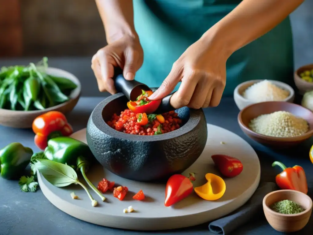 Manos de mujer maya tradicional preparando salsa picante maya en molcajete, con ingredientes coloridos y detallados