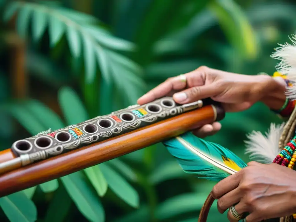 Las manos de un músico maya tocando una flauta de madera, con influencia en la música maya contemporánea