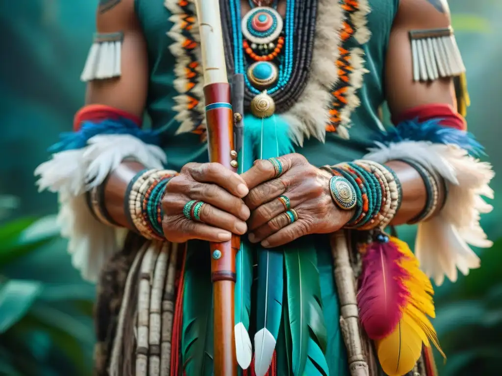 Las manos sabias del chamán maya sostienen una flauta ceremonial, reflejando la importancia de cantos y oraciones en ceremonias mayas