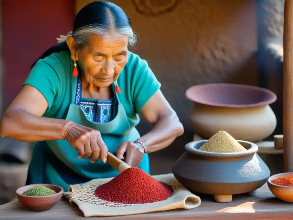 Manos sabias moliendo semillas de achiote en metate y mano, creando un contraste vibrante sobre roca volcánica