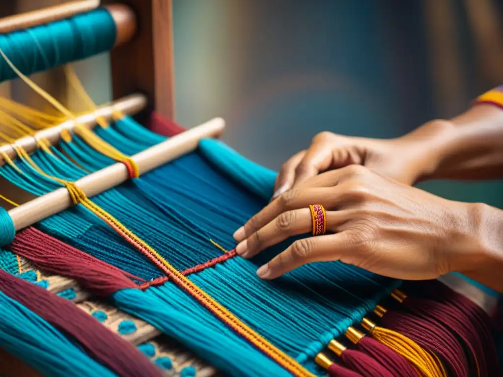 Manos de tejedora maya creando geometría sagrada en textiles con hilos vibrantes en rojos, azules y amarillos