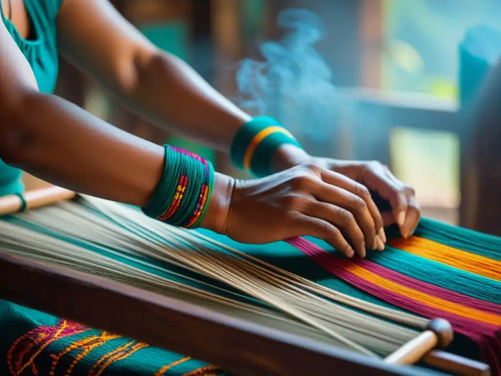 Manos de tejedora maya creando un textil colorido en telar de cintura, resaltando la habilidad y los Rituales textiles cultura maya