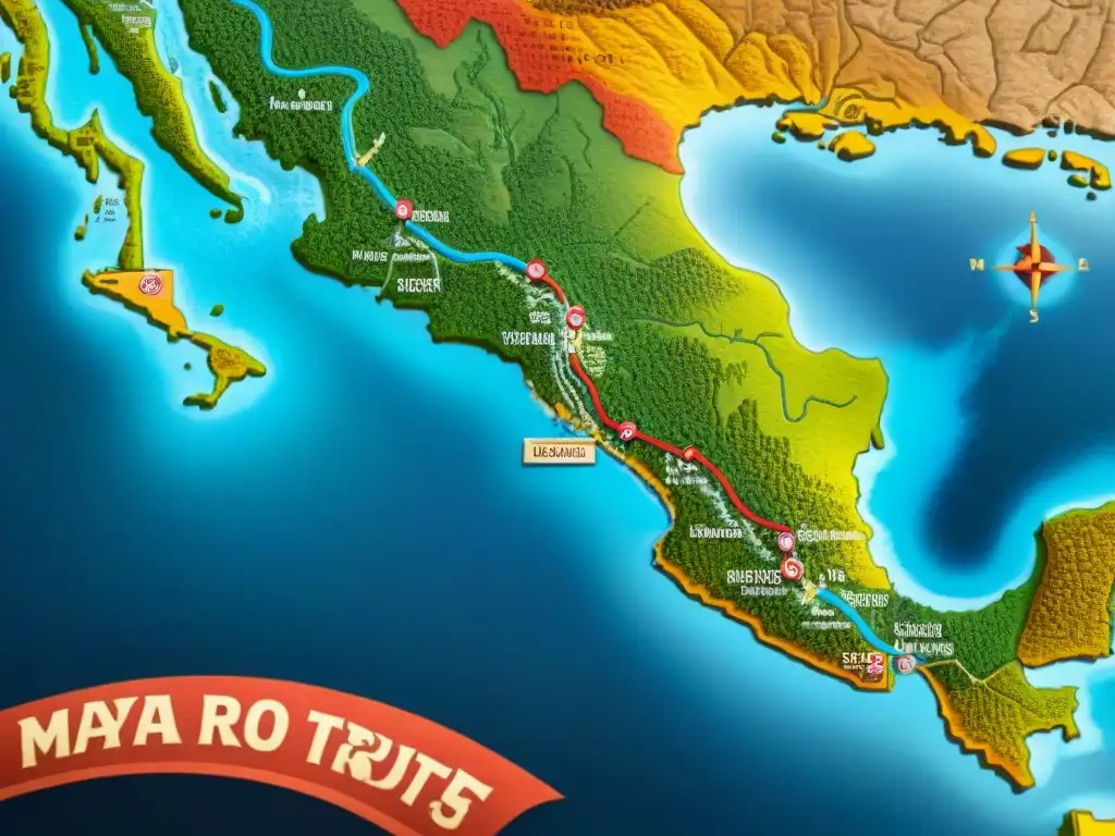 Mapa detallado de la red comercial maya en ríos y mares