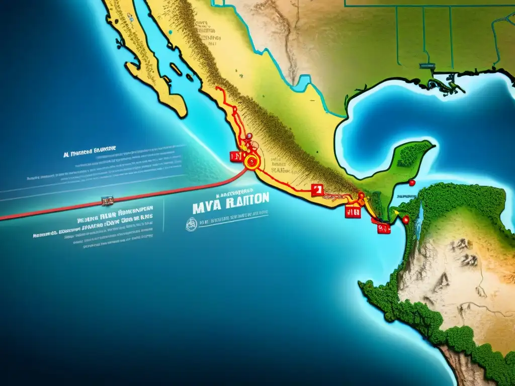 Mapa detallado de rutas comerciales mayas afectadas por la guerra, mostrando impacto en la economía