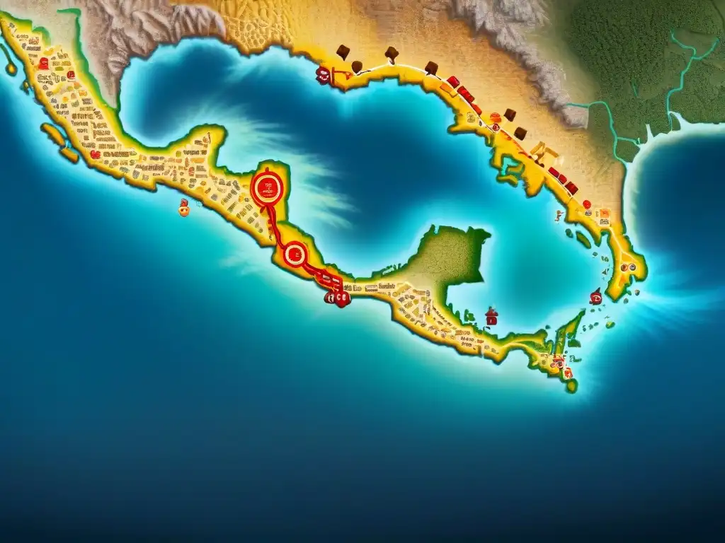 Mapa detallado de las rutas comerciales de las Ciudades estado mayas en el sistema de comercio mesoamericano