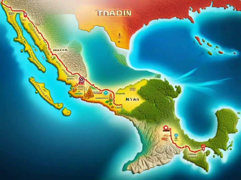 Mapa detallado de las rutas comerciales mayas, con ilustraciones vibrantes de hubs comerciales y centros económicos clave