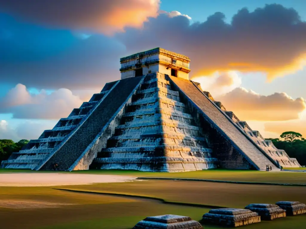 Maravilla maya: El Castillo en Chichen Itza al atardecer conectando construcciones mayas enseñanzas cosmos sociedad