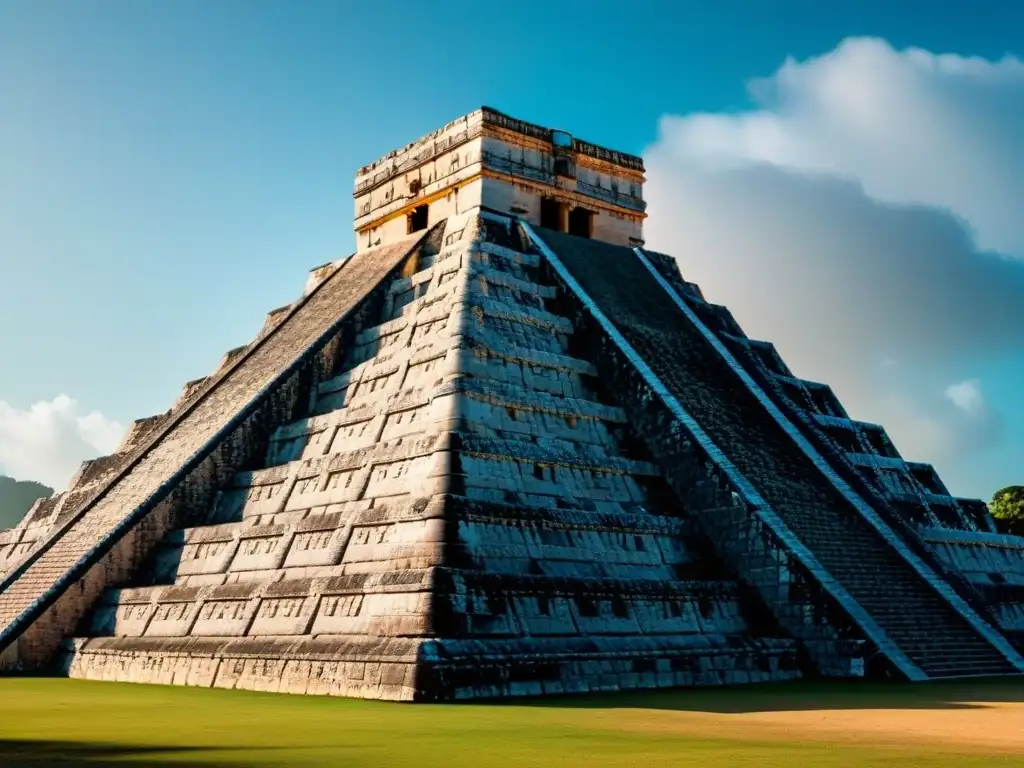 Reconstrucción 3D maravillas mayas: Detalle majestuoso del Templo de Kukulcán en Chichén Itzá en una tarde clara