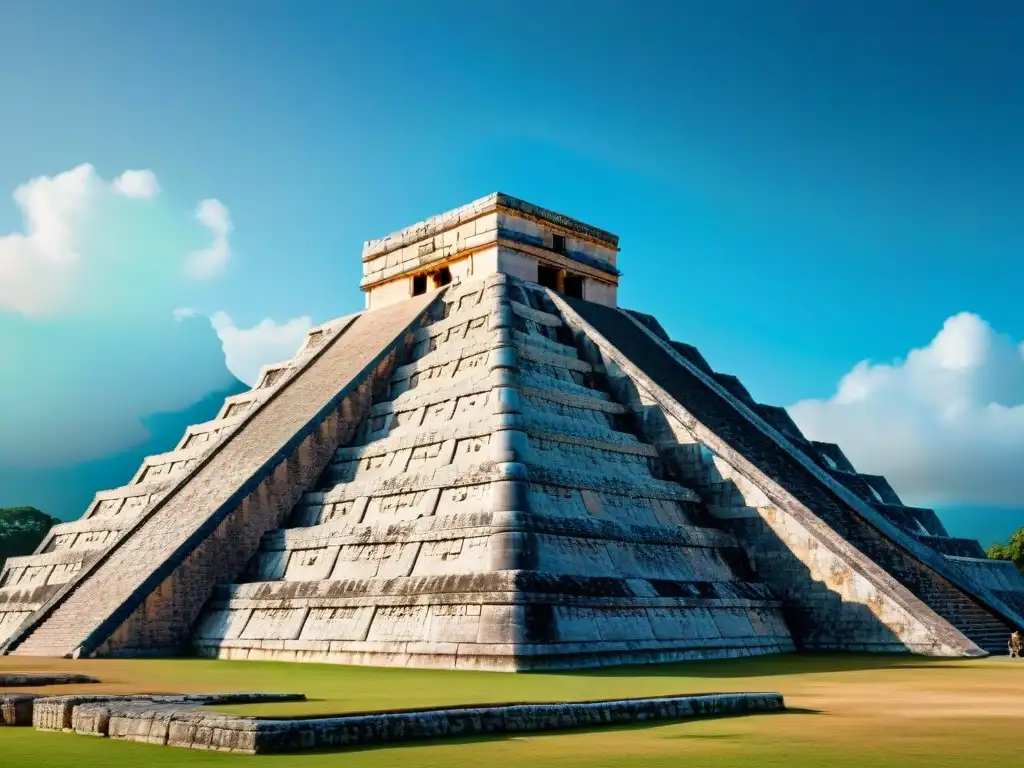 Reconstrucción 3D maravillas mayas: detalle del Templo de Kukulcán en Chichen Itzá con sombras de serpiente en equinoccio