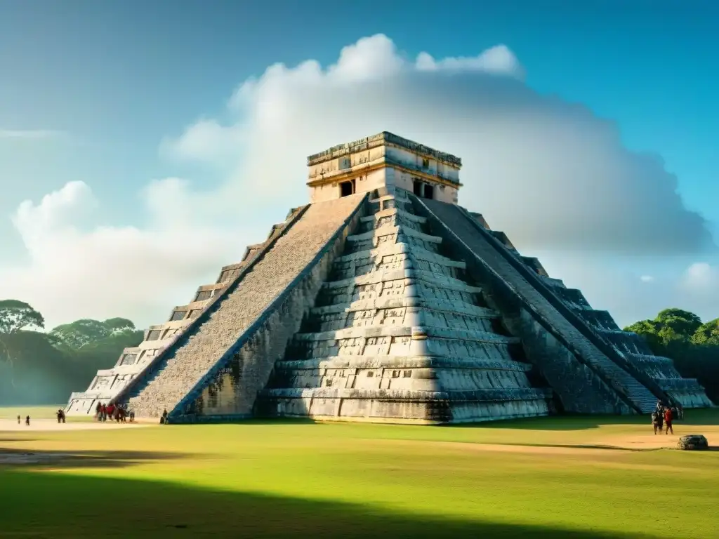 Reconstrucción 3D maravillas mayas: majestuosa pirámide de Chichén Itzá con detalles de piedra y entorno selvático exuberante