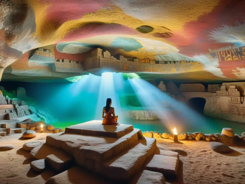 Maravillosa pintura maya en frescos subterráneos iluminados por luz natural, revelando escenas y figuras míticas en cueva