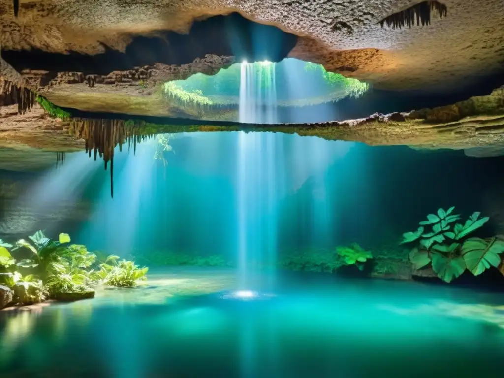 Maravillosa cueva subterránea en selva con cenotes cristalinos y estructuras mayas