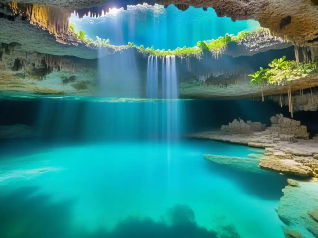 Una maravillosa vista de la belleza subterránea de un cenote maya en la Península de Yucatán, con luz solar iluminando las aguas turquesas