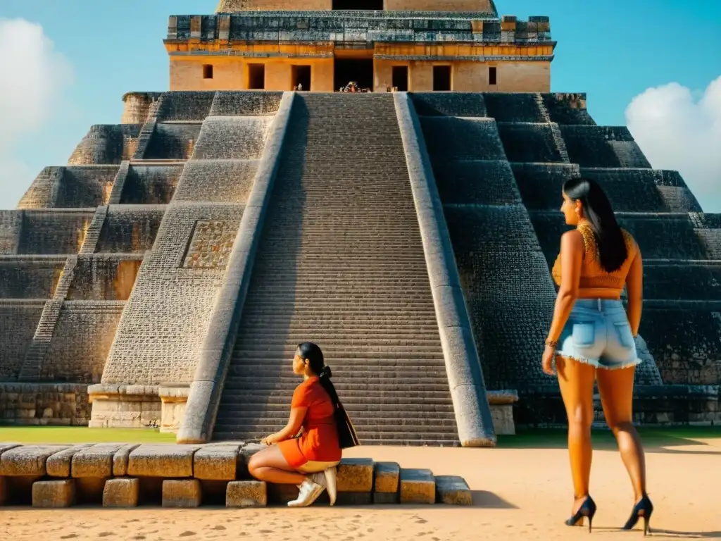 Maravillosas inscripciones y patrones geométricos en la Pirámide del Adivino en Uxmal, destacando la arquitectura maya