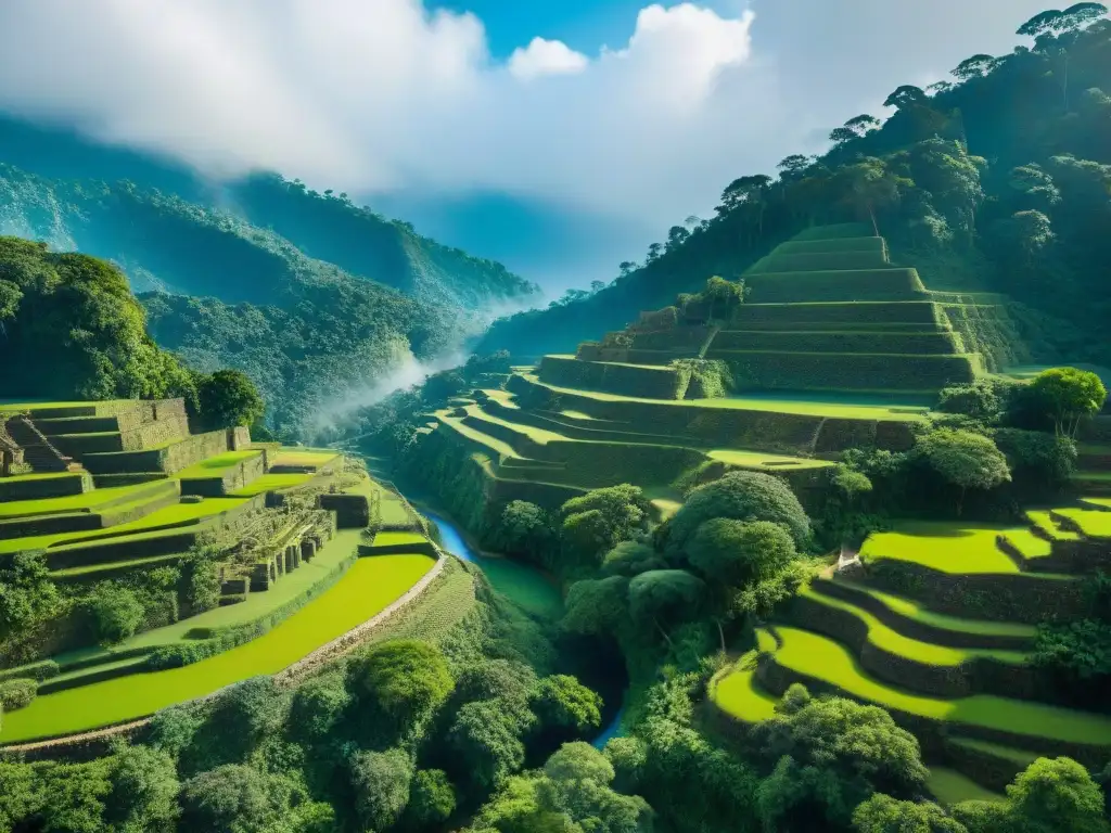 Maravillosas terrazas y canales de Agricultura Maya en un paisaje exuberante y detallado