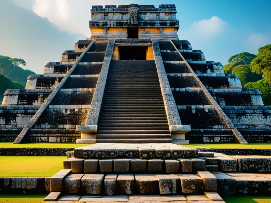 Maravilloso detalle de la arquitectura de piedra en el Templo de Kukulcán en Chichen Itzá, mostrando la luz y la sombra en las antiguas ruinas mayas