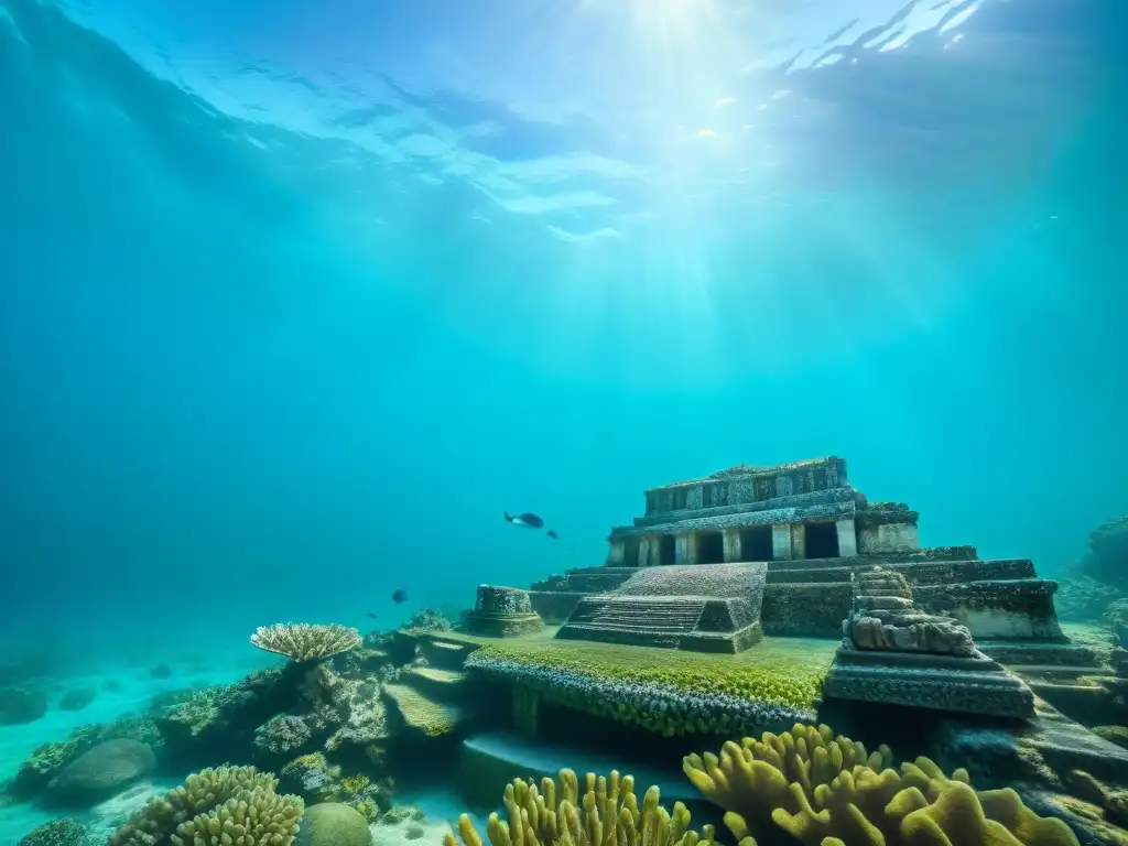 Maravillas submarinas en ruinas mayas Maravilloso ecosistema submarino alrededor de sitio arqueológico maya, conservación patrimonio submarino maya