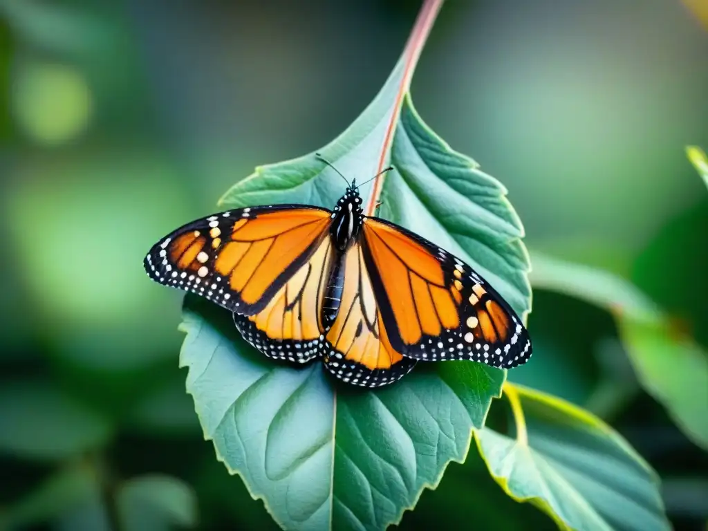 Inspiradora transformación de una mariposa Monarca emergiendo de su crisálida, iluminada por la luz del sol entre hojas